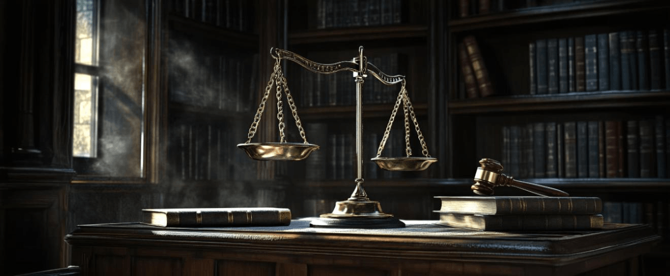 Balanza de la justicia en una biblioteca legal